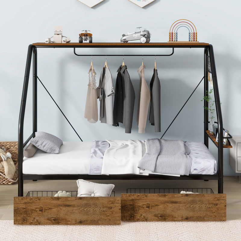 Mason Marbles Metal Frame Platform Bed With Clothes Rack Storage Shelves And 2 Drawers For Bedroom Wayfair